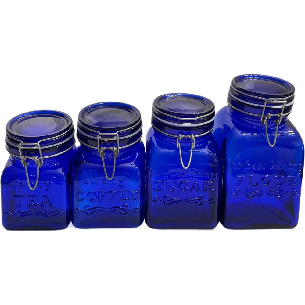 Vtg Crownford COBALT BLUE Glass Canister Set 4 Flour Sugar Coffee Tea Made ITALY